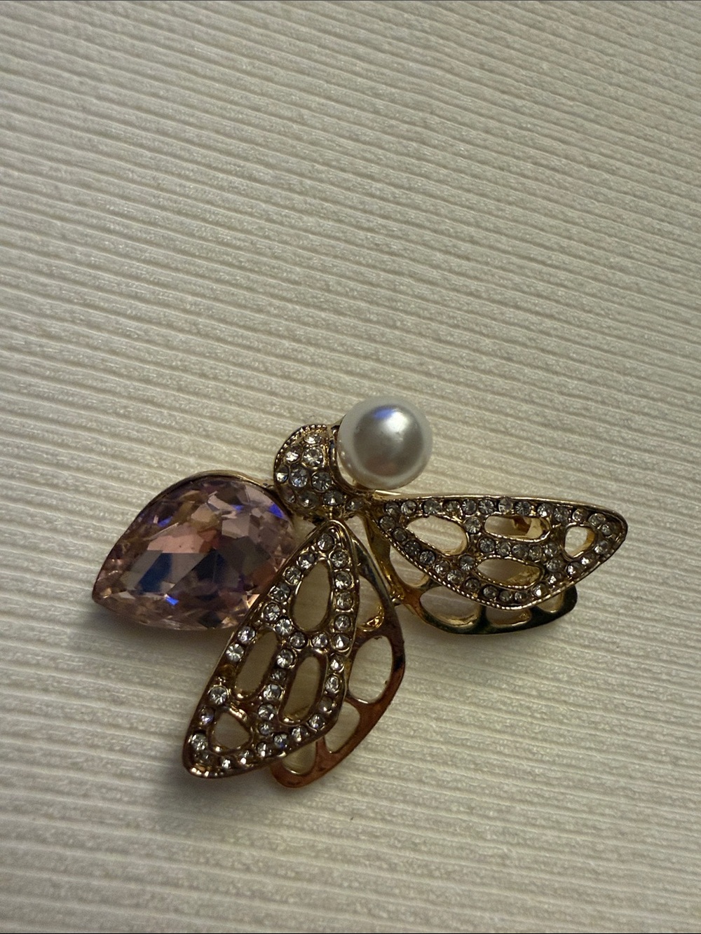 Gold-Tone Butterfly Brooch with Light Purple Crystal & Pearl Accent